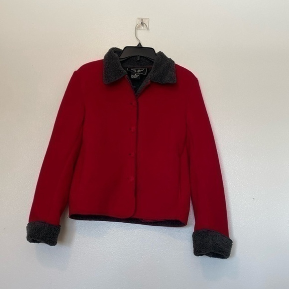 FU DA New York red gray  uber soft long sleeve button up pocket jacket coat